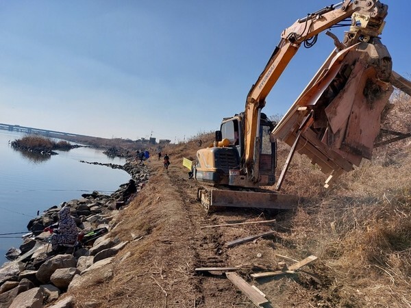 군산시가 포클레인을 동원해 불법 설치된 좌대 등을 철거하고 있다.