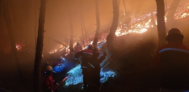지난 22일 6시 30분께 발생한 남원시 산내면 야산에서 발생한 산불을 15시간째 진화하고 있다. /사진=전북소방본부 제공