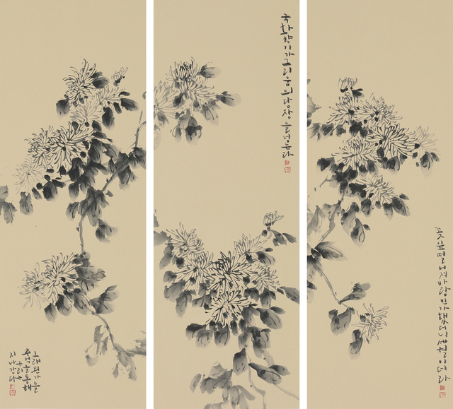 유지연, 오래된 가을, 화선지에 먹, 90X35(X3)cm, 2022